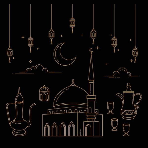 Eid Al-Fitr Celebration Line Art — стоковый вектор