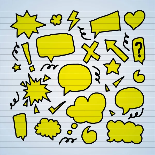 Doodle stijl spraakbellen, geel op papier — Stockvector