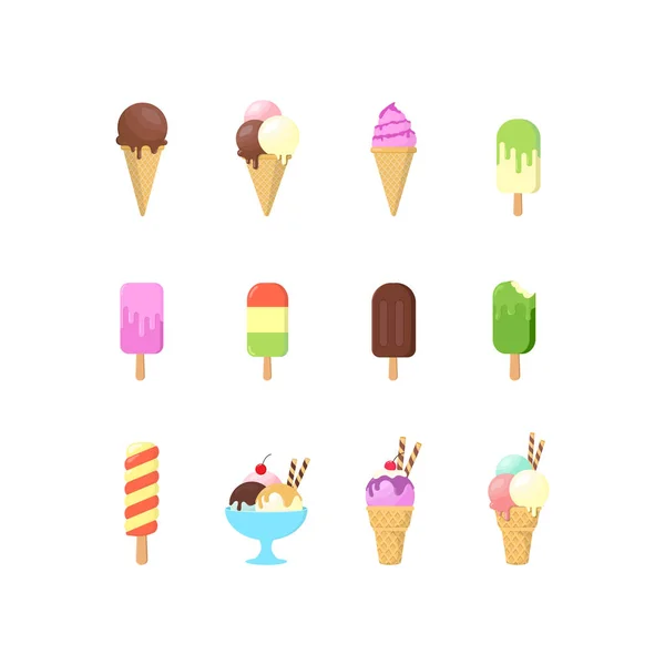 Diseño Plano Una Colección Helado Dulce Con Conos Palos Para — Archivo Imágenes Vectoriales