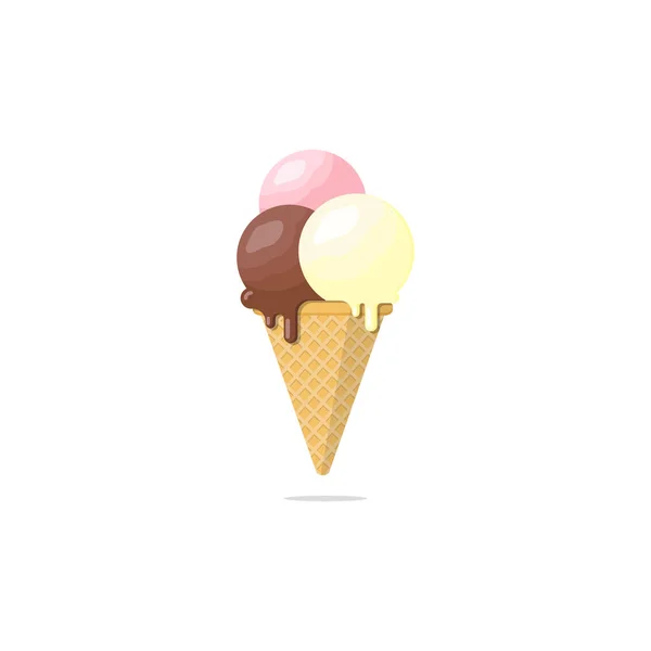 Diseño Plano Tres Cucharada Helado Dulce Que Derrite Cono Aislado — Archivo Imágenes Vectoriales