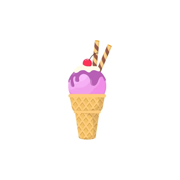 新鲜甜甜的冰淇淋的扁平设计 在圆锥中融化 与白色背景隔离的薄片卷和樱桃 — 图库矢量图片