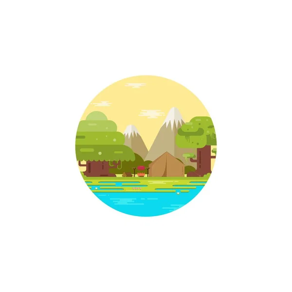 Selvagem Explorador Redondo Emblema Logotipo Com Verão Camping Floresta Perto — Vetor de Stock