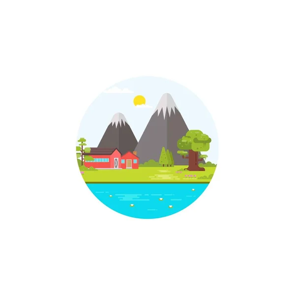Zone Plantation Emblème Rond Logo Illustration Dans Forêt Près Rivière — Image vectorielle