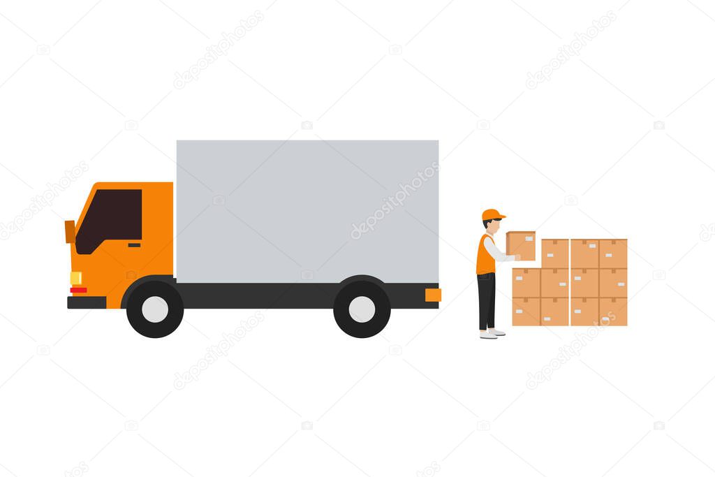 flat design of courier loading goods to truck for delivery to destination address isolated on white background