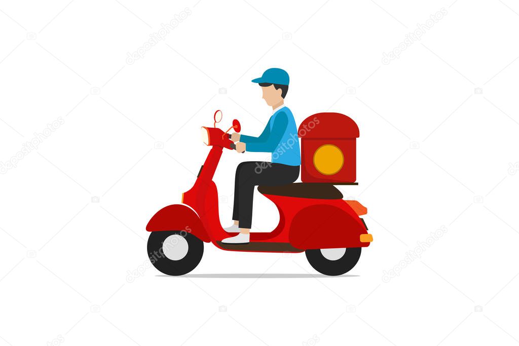 flat design of fast food delivery service by courier with scooter isolated on white background