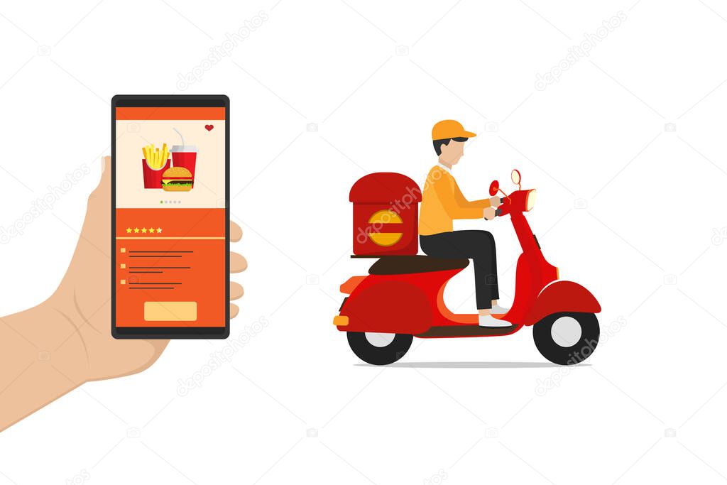 Fast food delivery service vector design via smartphone app with scooter design on white background