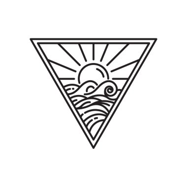 Monoline Logo Tasarım Vektör Şablonu, gün batımı ve deniz dalgaları