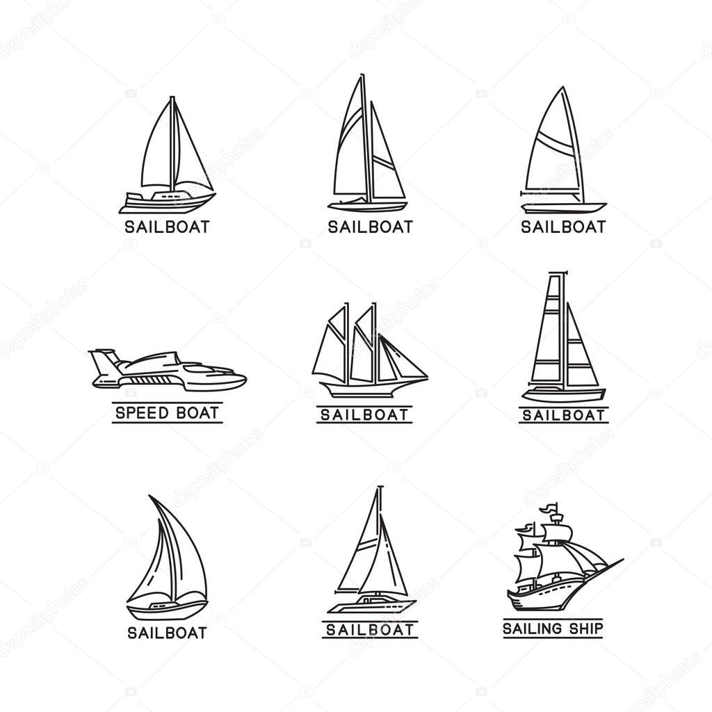 Marine transportation vehicles monoline sailboat vector design in set