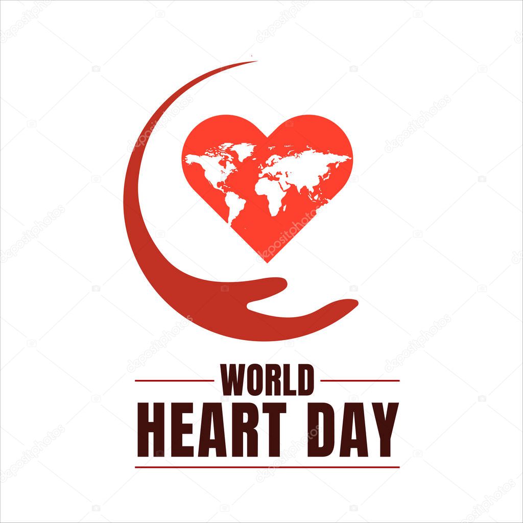 A graphic for World Heart Day features a red heart with a world map cradled by a hand, promoting global heart health awareness and care.