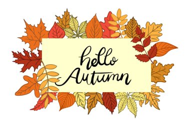 Çeşitli rengarenk sonbahar yapraklarından oluşan canlı bir kenarın çerçevelediği merhaba sonbahar metni içeren dekoratif illüstrasyon, mevsimlik samimi bir selamlaşmayı çağrıştırıyor