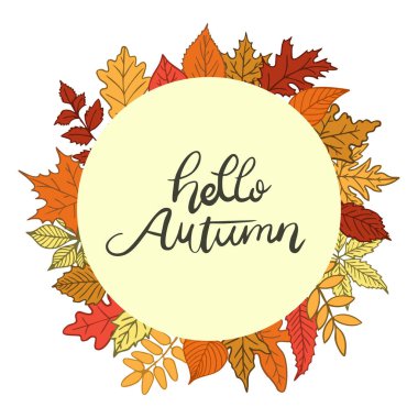 El yazısı merhaba sonbahar metni açık sarı bir daire üzerinde sunulur, çeşitli stilize sonbahar yapraklarından oluşan canlı bir çelenk tarafından çerçevelenir.