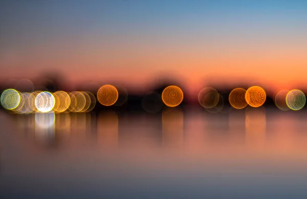 Abstraction Play Lights Buildings Reflected Lake Sunset Pomorie Resort Bulgaria — Stock Photo, Image