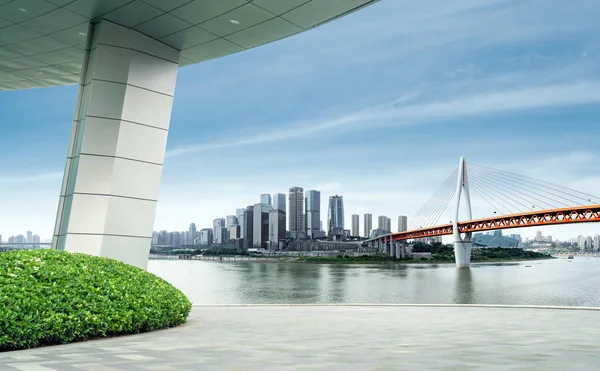 Empty Marble Floor Cityscape Skyline Cloud Sky — Stock Photo, Image