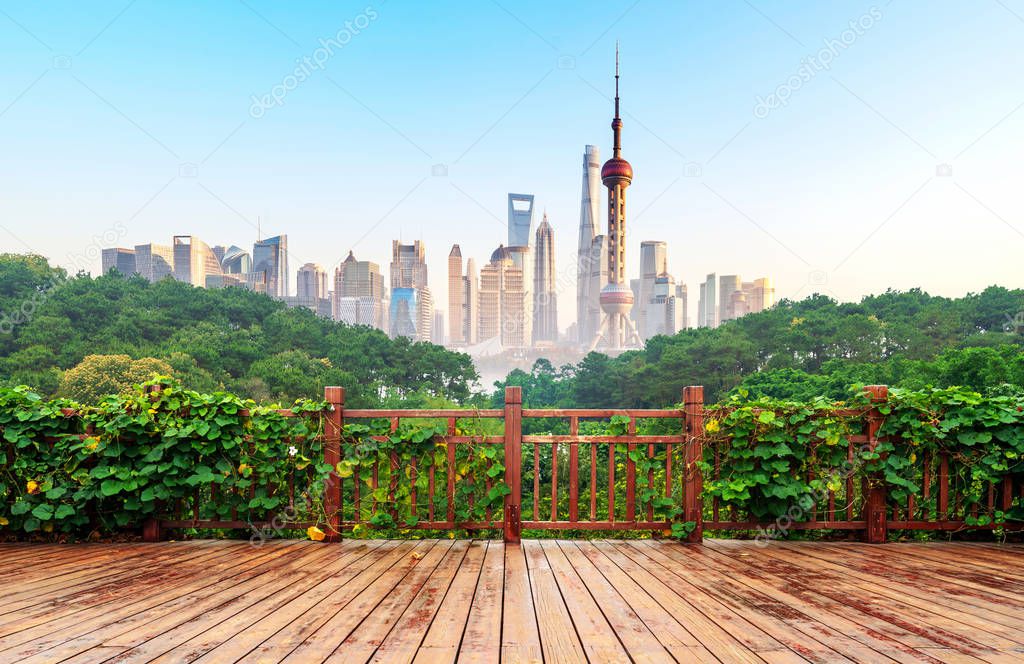 Modern Architecture and Wood Floors in Pudong Financial District, Shanghai, China.