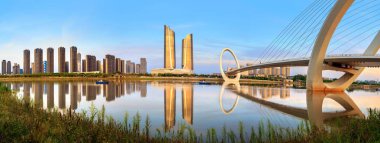 Çin Nanjing şehir manzarası ve modern binalar, alacakaranlık manzara.