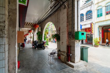 Beihai - China. April 21,2018. Beihai Old Street, iwith lots of century-old buildings, was built in 1883, 1.44 km long, 9 meters wide, arcade street full of Chinese and Western architecture. clipart