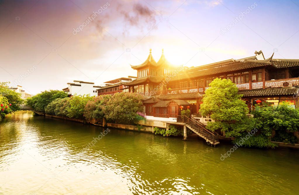 Nanjing Confucius Temple scenic region and Qinhuai River. People are visiting. Located in Nanjing City, Jiangsu Province, China.