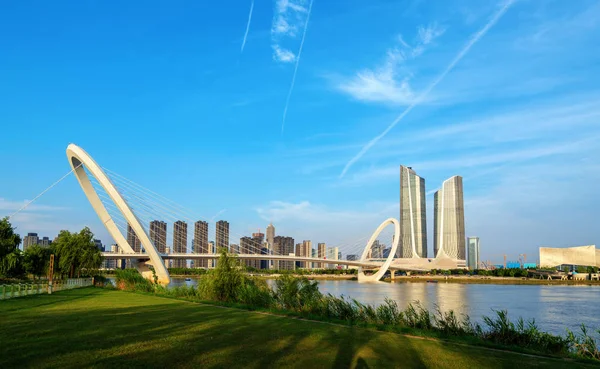 Panoramę Miasta Nankin Nowoczesne Budynki Zmierzch Krajobraz — Zdjęcie stockowe