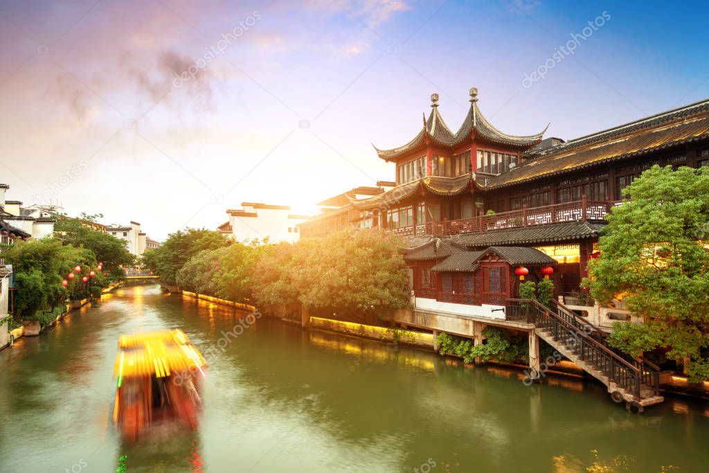 Nanjing Confucius Temple scenic region and Qinhuai River. People are visiting. Located in Nanjing City, Jiangsu Province, China.