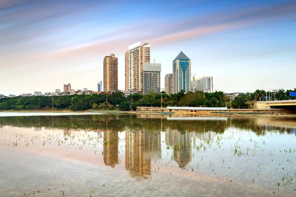 黄昏时分 湖边的植物和高大的建筑物 — 图库照片