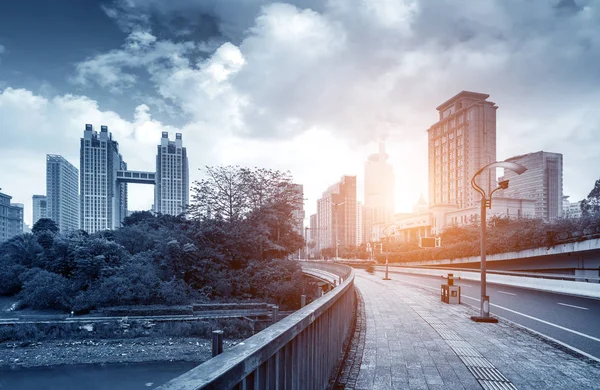 At dusk, the plants and tall buildings by the lake. Nanning, China.