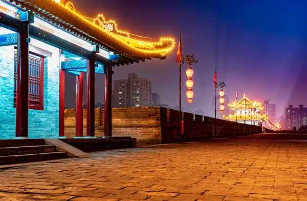 Antigua Muralla Ciudad Por Noche Xian China — Foto de Stock