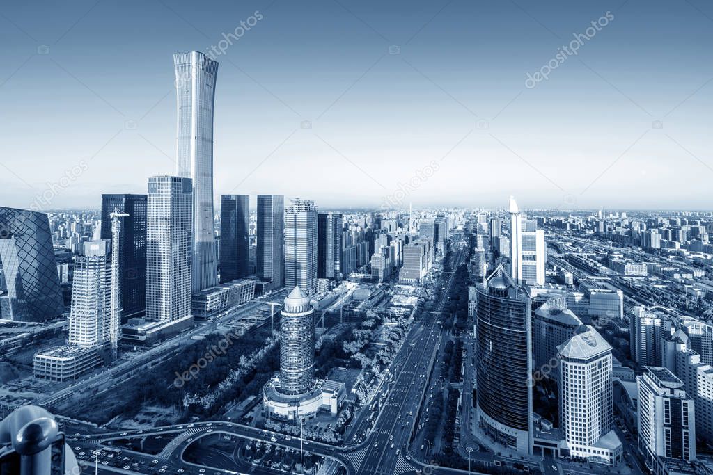 High-rise buildings and viaducts in the city's financial district, Beijing, China.