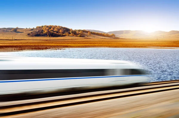 Високошвидкісний поїзд, що проходить через луки Ліцензійні Стокові Фото