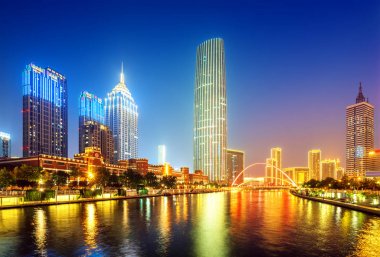 Tianjin City, Çin, gece manzarası
