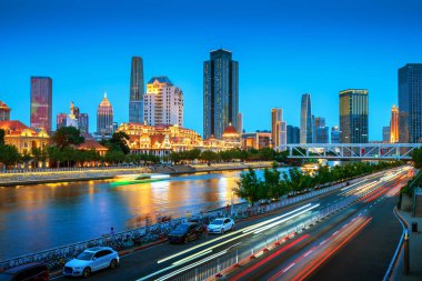 Tianjin City, Çin, gece manzarası