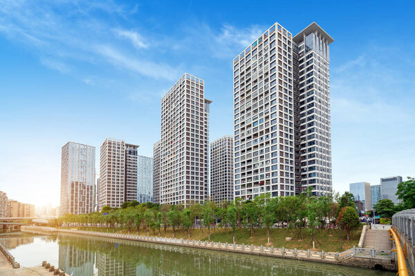 High-rise residential houses by the river, Fuzhou Cityscape, China.