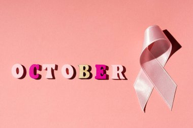 Ekim sözcüğü ve pembe arka planda pembe kurdele. Göğüs kanseri..