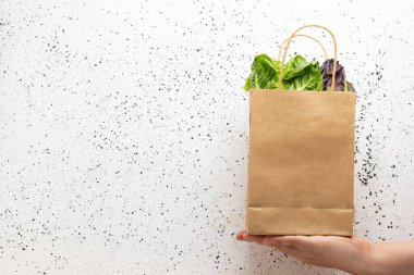 Beyaz çimento arka planda taze salata karışımı. Yemek servisi. Sağlıklı beslenme.