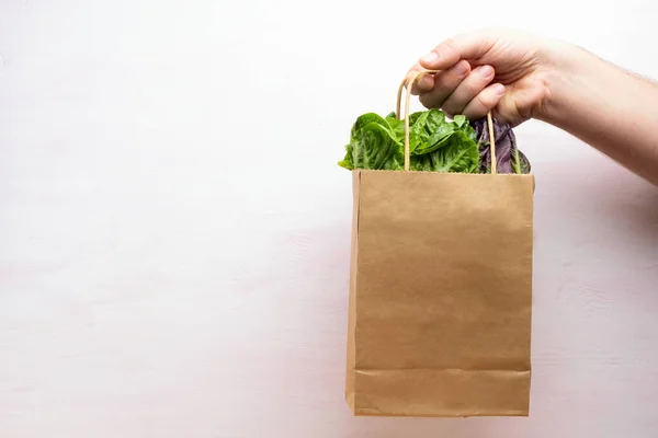 Tangan Memegang Campuran Salad Segar Dalam Paket Eco Pada Mawar — Stok Foto