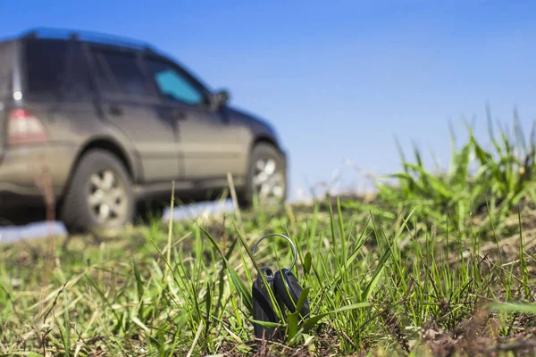 Chiavi Auto Perse Nell Erba Uno Sfondo Crossover Sfocato — Foto Stock