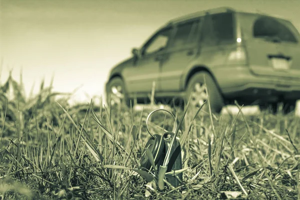 Chiavi auto perse nell'erba, su uno sfondo crossover sfocato — Foto Stock