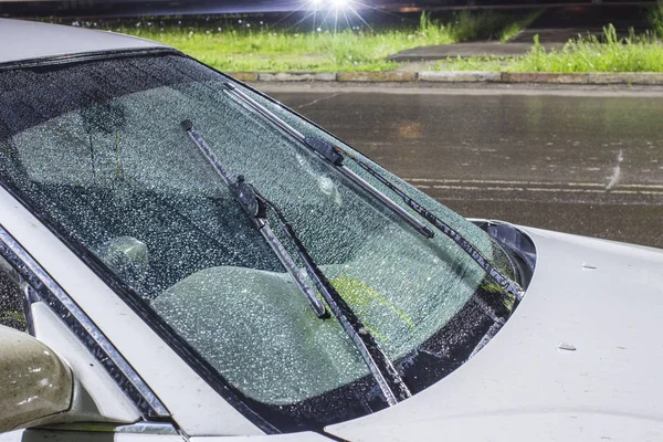 Beautiful Drops Water Windshield Car Glass Cleaners Turned Thunderstorm Rain — Stock Photo, Image