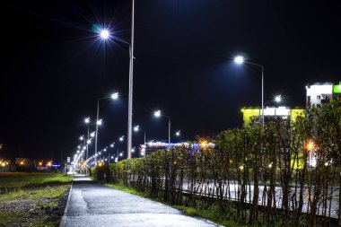 bir yağmur dan sonra led ışıkları ile aydınlatılmış ıssız bir gece yolu 