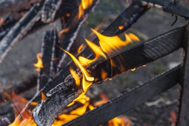 Yanmış çitler, büyük bir ateşin küllerine yakın çekim, bulanık bir ateşin üzerine. 