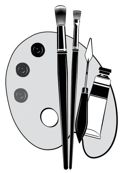 Ilustración de herramientas de pintura artística. Cepillo, paleta, cuchillo y tubo de pintura — Vector de stock