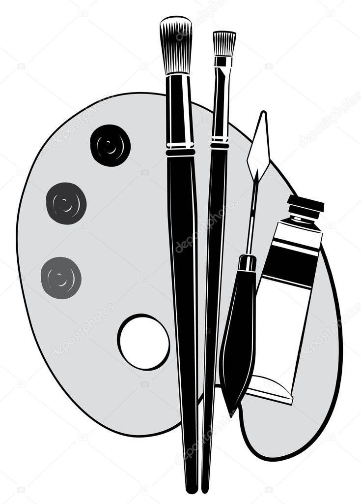 Artist painting tools vector illustration. Brush, palette, knife and paint tube