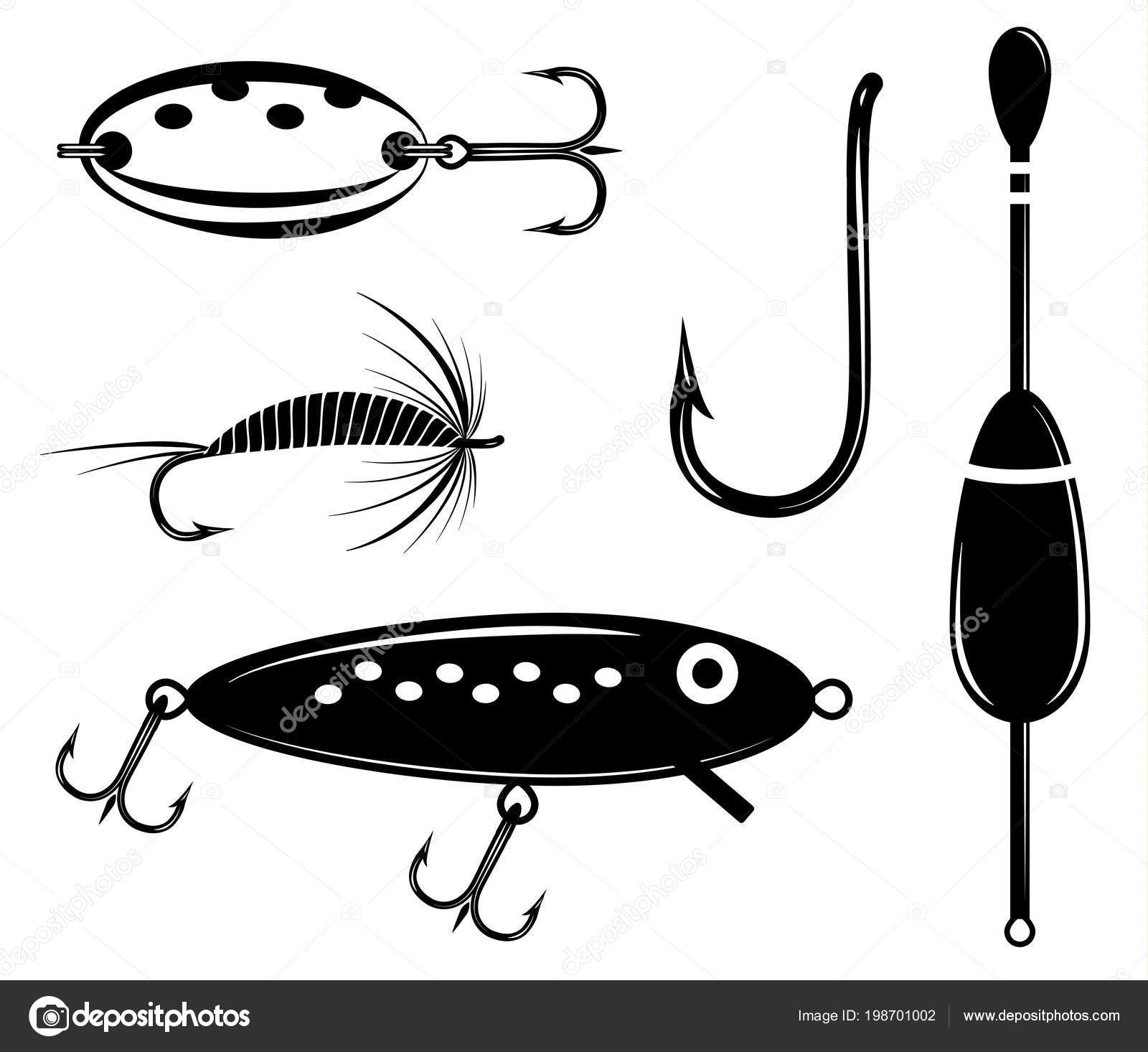Fishing set vector. Artificial fly, wobbler, lure, float, hook