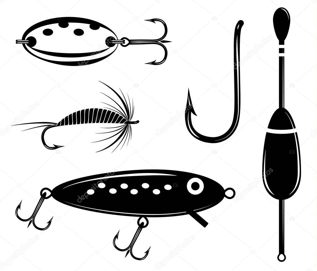 Fishing set vector icon. Artificial fly, wobbler, lure, float, hook