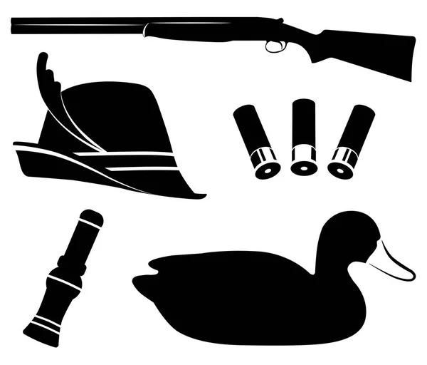 Avcılık vektör ayarlayın. Avcılık ördek. Av tüfeği, ördek görüşmesi, yem, şapka, kabuk — Stok Vektör