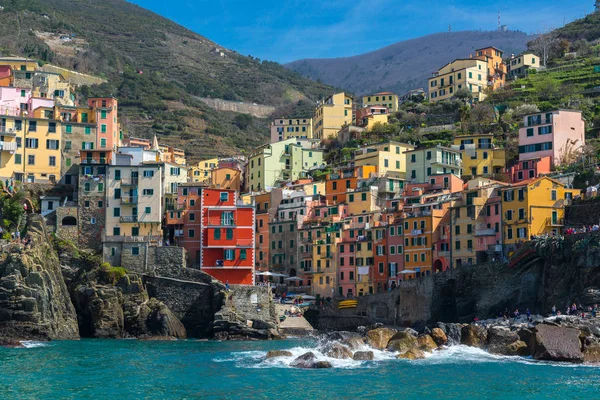 Riomaggiore Pueblo Desde Barco Cinque Terre Italia —  Fotos de Stock