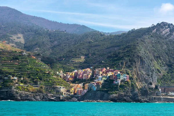 Wioska Manarola Widziana Łodzi Cinque Terre Włochy — Zdjęcie stockowe