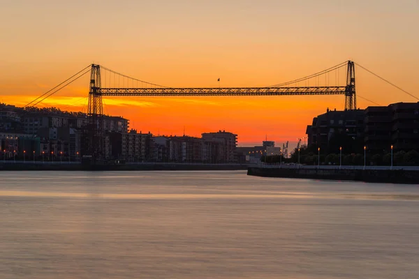 Hängebrücke Von Bizkaia Bei Sonnenuntergang Von Benedicta Pier Baskenland Spanien — Stockfoto