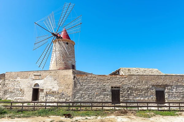 Větrný Mlýn Solných Bytů Trapani Sicílie Itálie — Stock fotografie