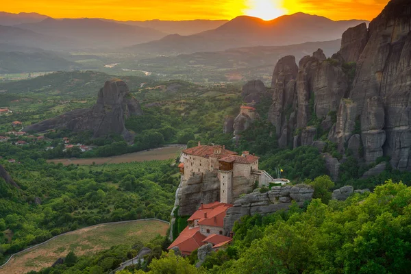 Monastère Roussanou Coucher Soleil Monastères Des Météores Grèce — Photo