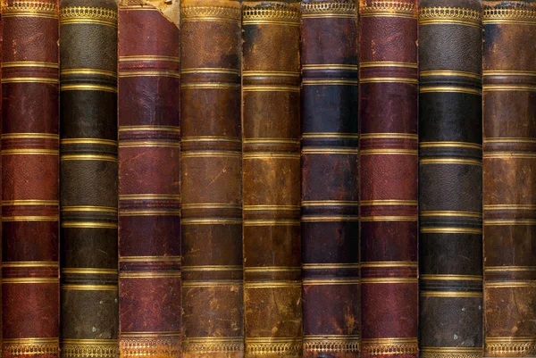 Background Row Worn Leather Antiquarian Book Spines Gold Embossing — Stock Photo, Image